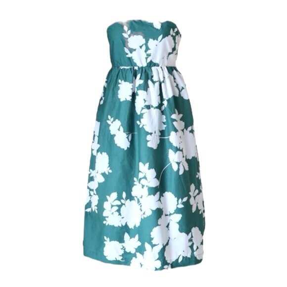 Cynthia Rowley Green & White Floral Strapless Midi Dress Elastic Smocked Back 14 - Picture 1 of 13
